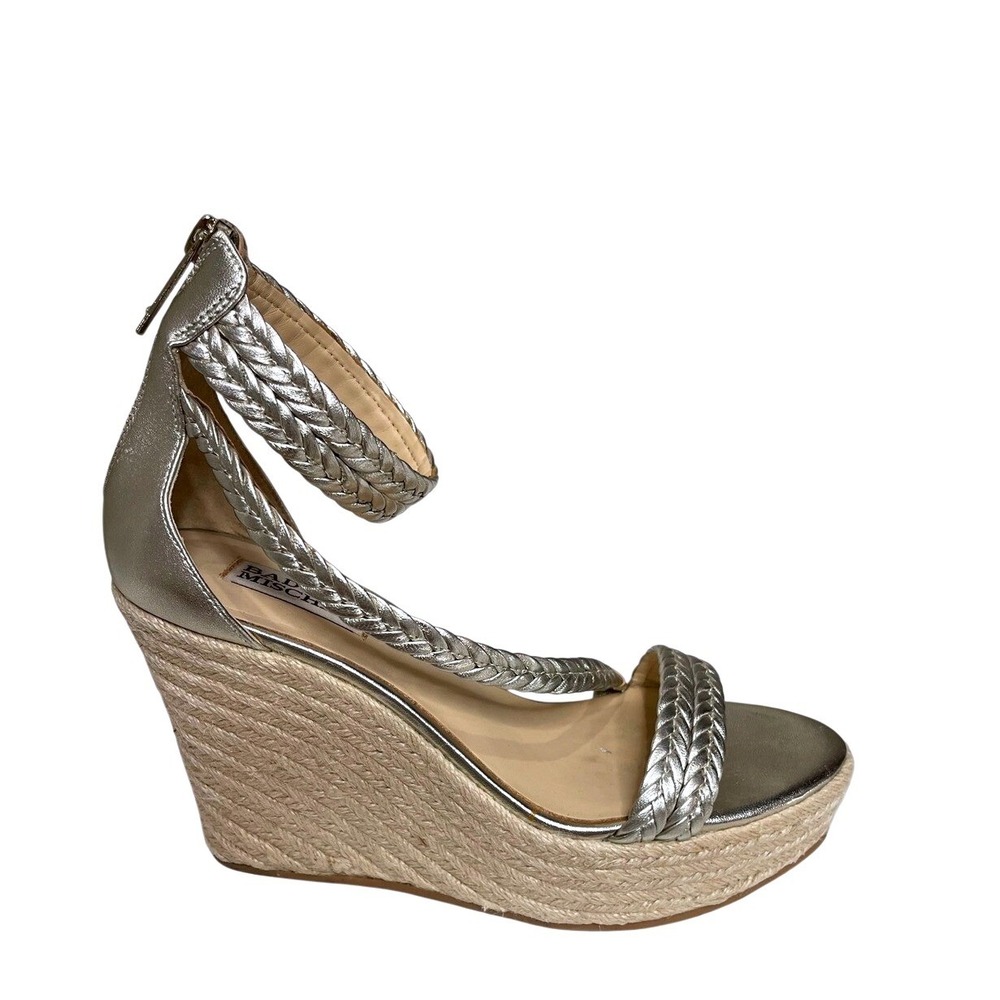 Badgley Mischka Gold Wedge Sandals Size 8 Braided Strappy Espadrille Heels - Picture 5 of 11